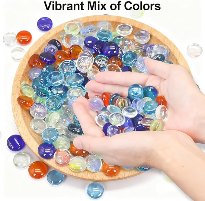 Mini Glass Gems for Vase,Mixed Colour Glass Stones Flat Bottom Marble Beads for Aquarium Fish Tank Planter Crafts Home Decorative Art Craft Vase Filler (Mixed, 2 Pounds)
