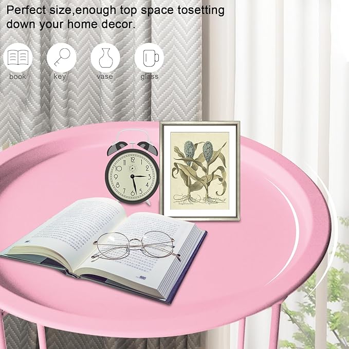 Garden 4 you End Table Metal Side Table Pink Round Folding Tray Cyan Sofa Small Accent Fold-able Table, Round End Table Tray, Next to Sofa Table, Snack Table for Living Room and Bed Room