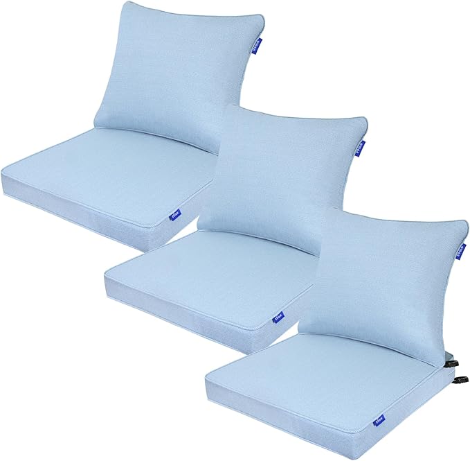 Deep Seat Cushions, Outdoor Cushions, Patio Furniture Cushions, Deep Seat & Back Cushion Patio Cushions for Backyard Couch Sofa Fade Resistant (24x24x4 inches 3 Sets, Light Blue)