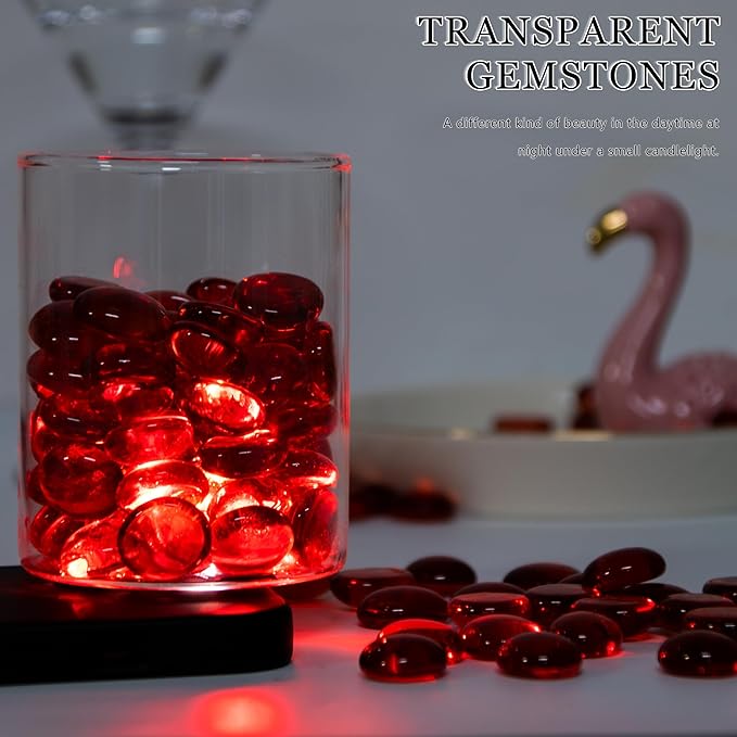 50PCS Mini Glass Gems,Red Mancala Stones Flat Bottom Marble Beads for Home Decorative Art Craft Vase Filler(0.5"~0.7")