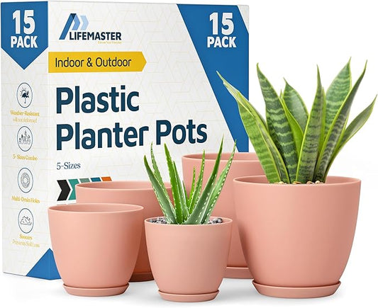 Pink Plant Pots with Drainage Holes & Saucers 15 Pack, Indoor & Outdoor Stackable Space-Saving Planters for Houseplants & Flowers, (7", 6.7", 6", 5.3", and 4.8" Inches), Durable & Weatherproof