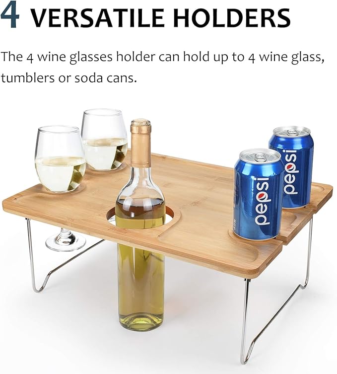 Tirrinia Portable Wine Picnic Table, Ideal Wine Gift for Women Men, Small Folding Outdoor Picnic & Cheese Tray with 4 Wine Glasses Holder for Camping, Park, Beach, Garden, Concerts,Steel Legs
