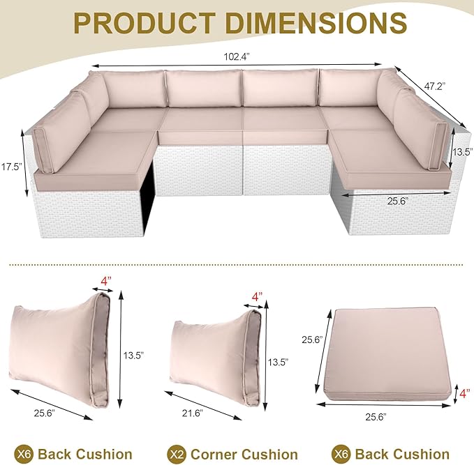 Outdoor Replacement Cushions for Patio Furniture,14-Piece Patio Water-Resistant Replacement Sofa Cushions,Fits 6-seat Sectional Rattan Conversation Set,Liner&Cover (Khaki)