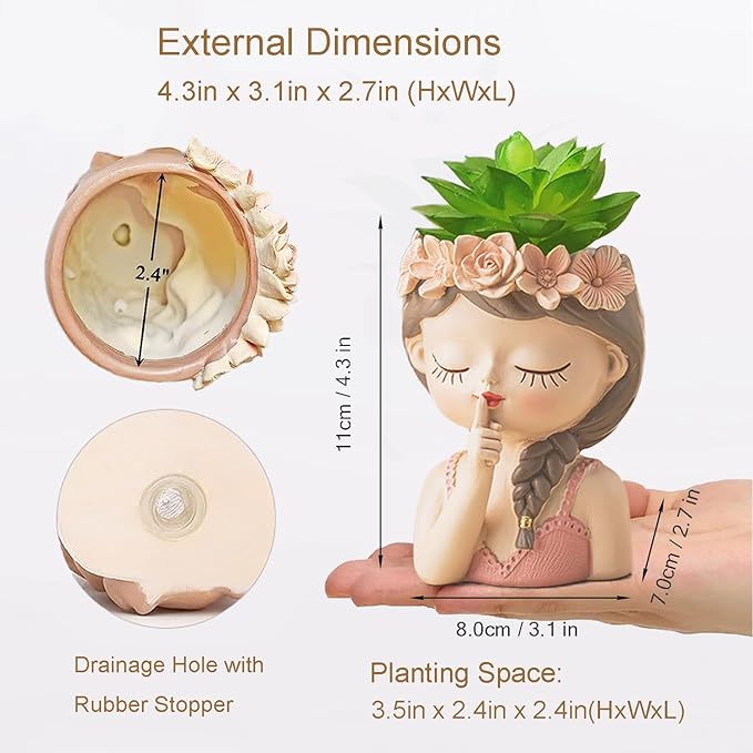 Small Fairy Succulent Plant Pot with Drainage Hole 4inch Indoor Cactus Pot Unique Cute Flower Pot with Girl Face Container Planter Home Office Desk Garden Gifts Idea for Women