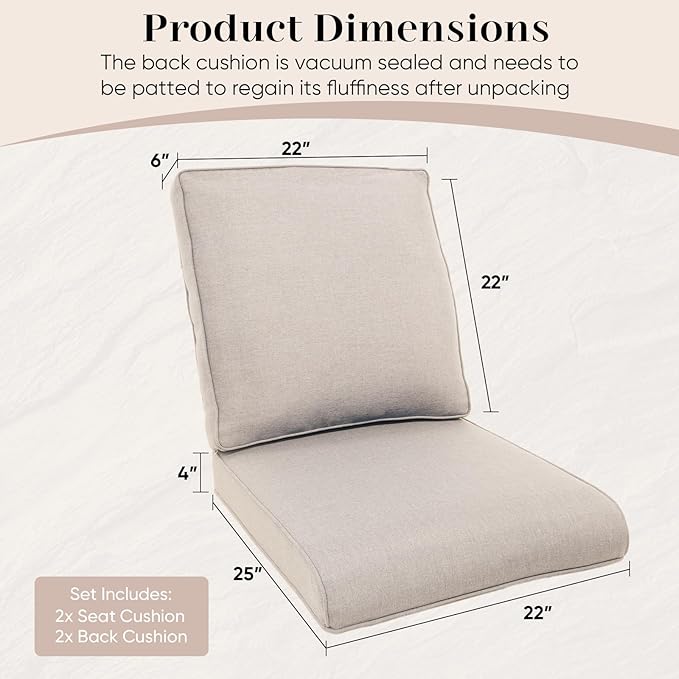 Outdoor Chair Cushions- 22 X 25 Inch High Density Sponge Patio Cushions Deep Seat Patio Furniture Cushions for Chair Sofa Couch-Beige/4 Piece