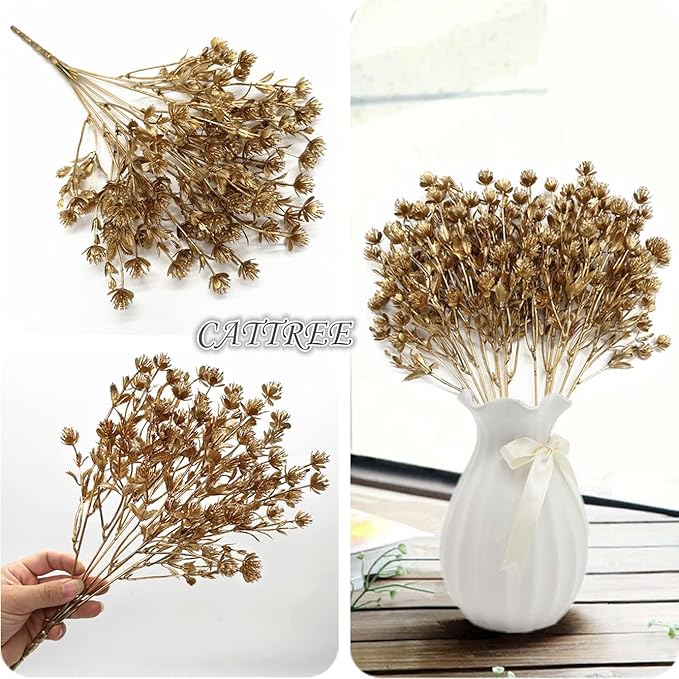 Artificial Golden Plants, Fake Baby Breath Flower Faux Gypsophila Shrubs Plastic Plant for Christmas Decor Wedding Party Indoor Home Hotel Hall Table Arrangements DIY Decoration - Gold Flowers 2 Pack
