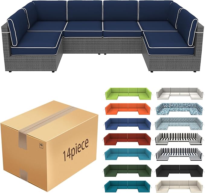 14 Pcs Outdoor Replacement Cushions for Patio Furniture, All Weather Water Resistant Cushion for 6 Seat Rattan Wicker Sectional Patio Conversation Sets and Couch Navy Blue(White Piping)