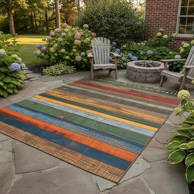Retro Old Wooden Board Farmhouse Style Outdoor Area Rug for Backyard Balcony Patio Deck Washable Non Slip Outside Carpet Multicolor Wood Grain Waterproof Durable Indoor Outdoor Floor Mats 6x8