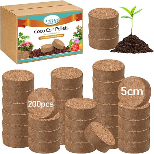 Legigo 200 PCS 50mm Coco Coir Pellets Potting Soil Mix- Compressed Coconut Coir Discs Seed Starting Soil Pellets, Coco Peat Soil Pods for Indoor & Outdoor Plants, Gardening Herbs Bonsai and Vegetables