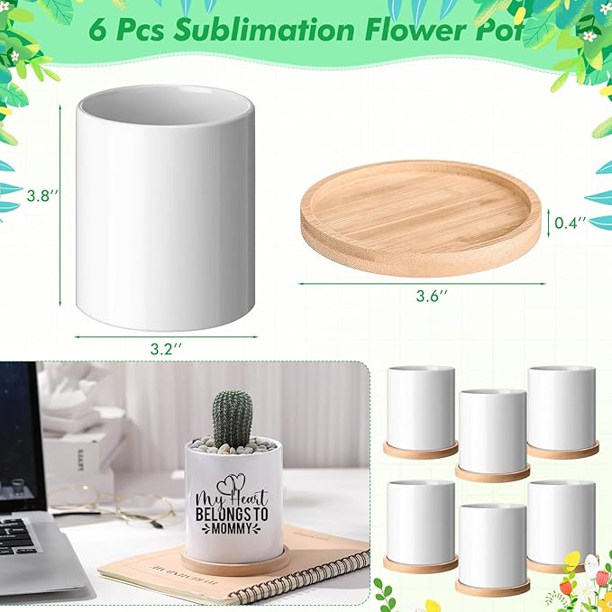 6 Pcs Sublimation Flower Pot Blanks Mini 3.2 in Garden Ceramic Succulent Planter Pot with Bamboo Tray with Drainage Hole Thank You Gifts for Employee Appreciation Plant Lover