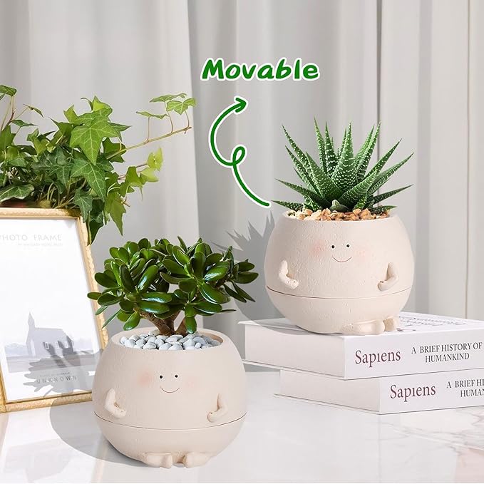 NINIPAPA Self Watering Plant Pot 4 Inch Cute Smile Face Planter Pot for Indoor Outdoor Plants with Drainage Hole Unique Flower Pots for Succulent/Herbs/Violets