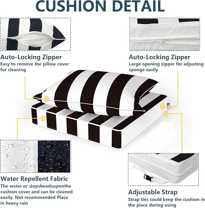 Outdoor Deep Seat Cushion Set, Water Repellent 24"x24" Patio Thick Cushions Replacement with Seat & Back Pillow for Patio Sofa, Wicker Chair, Couch - Cabana Black