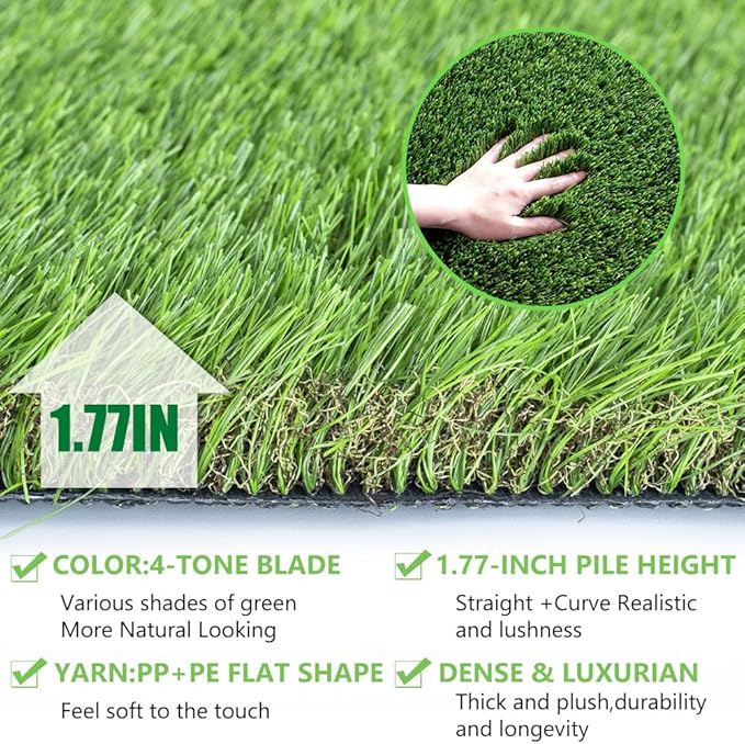 Petgrow Luxurious Artificial Grass Realistic Turf 12 X 58 Feet,1.57 Inch Pile Height Ultrathick Indoor/Outdoor Dog Fake Faux Grass,Synthetic Grass Rug Garden Landscape Patio,Drainage Holes