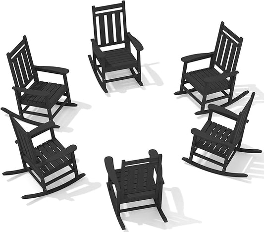 KINGYES Oversized Outdoor Rocking Chair Set of 6, All-Weather Patio Rocking Chairs for Porch, HDPE Outdoor Patio Rockers with High Back & Wide Seat for Garden, Lawn, Black