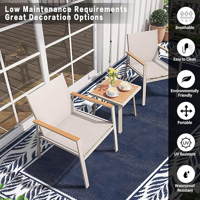 HUGEAR Outdoor Plastic Straw Rug, Waterproof Mat, Washable Large Floor Mat and Rug for Outdoors, RV, Beach, Patio, Camping, Backyard, Deck, Picnic, Outside (5x8ft,Olive-Leaf/Dark Blue&White)