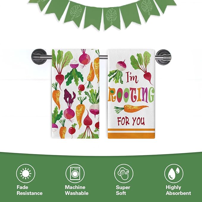 Vegetable Theme Kitchen Dish Towels Set of 2, I'm Rooting for You Fresh Radish Carrot Drying Hand Towel Baking Cooking Cloth, Funny Farmhouse Garden Home Decoration 18'' x 26''