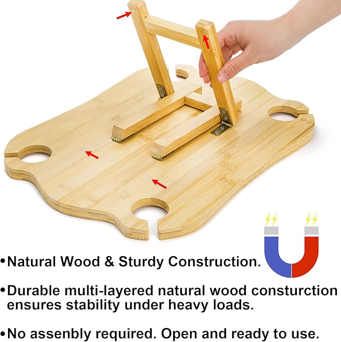 Yesland Portable Picnic Table, Foldable Champagne Picnic Snack Tray, Collapsible Wooden Outdoor Camping Table with Wine Glasses Holder for Park, Beach, Bed, Road Trip, Wine Lover Gift