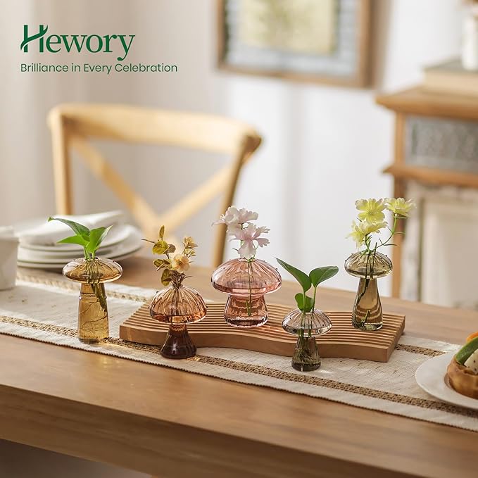Hewory Glass Mushroom Propagation Stations: Set of 5 Unique Propagation Jars Glass Planter for Indoor Plants Home Decor - Amber Mushroom Vase Christmas Birthday Gifts for Plant Lovers Women Girls