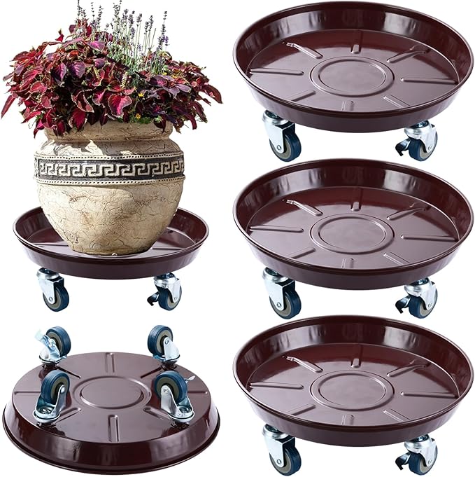 3 Packs 13 inches Metal Plant Caddy with Wheels Large Rolling Plant Stand Heavy-Duty Iron Plant Dolly Casters for Indoor Outdoor Flower Pot Mover Roller Coasters, Dark Coffee