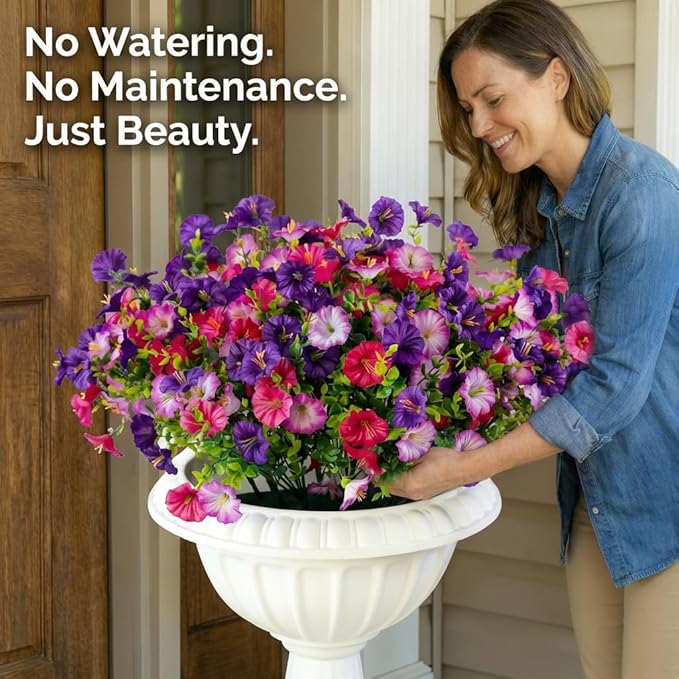 12Pcs Artificial Outdoor Flowers for Outdoors, Faux Silk Realistic Morning Glory Floral Arrangement Planter UV Resistant for Porch Patio Window Box Balcony Garden Decor (12pcs Mixed Purple)
