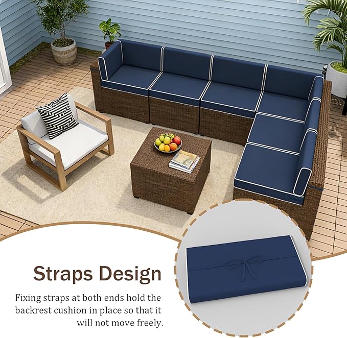 14 Pcs Outdoor Replacement Cushions for Patio Furniture, All Weather Water Resistant Cushion for 6 Seat Rattan Wicker Sectional Patio Conversation Sets and Couch Navy Blue(White Piping)