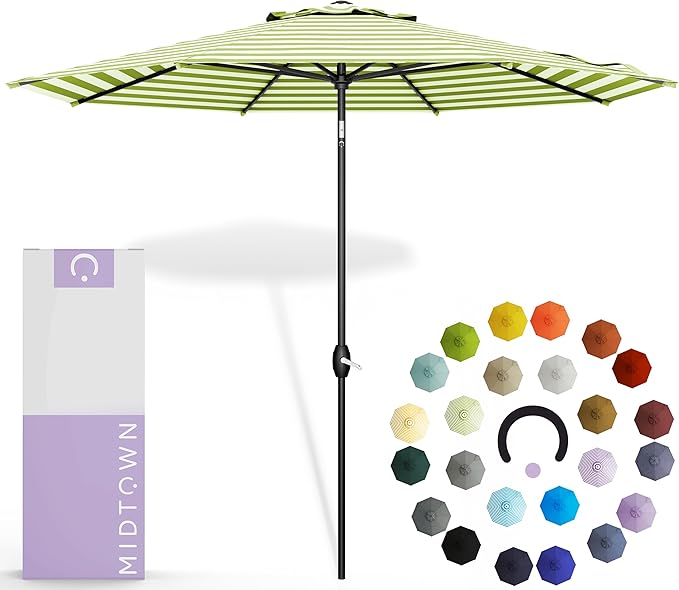 Midtown Umbrellas - 10-Year-No-Fade 6 Ft Patio Umbrella with Terylast Fabric, Auto-Tilt Aluminum Frame and 8 Reinforced Ribs for Deck, Pool, Garden & Beach - Green/White Stripes Canopy, Black Pole