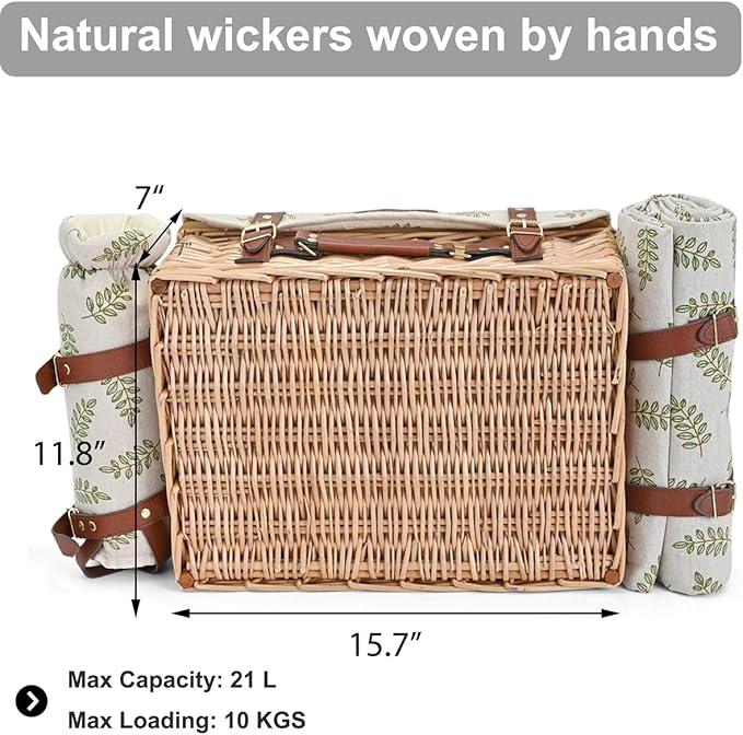 Multifunctional Wicker Picnic Basket Set for 2 with Blanket and Picnic Table, Insulated Picnic Set with Full Tablewares for Camping Outdoor Couples,Leaf