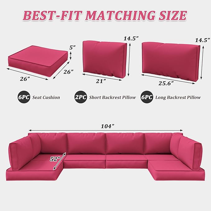 14-Piece Outdoor Cushions for Patio Furniture Thick Outdoor Chair Cushions 5" Foam High-Density Water-Resistant Deep Seat Cushion for 6-Seat Sectional Sets Liner&Cover Pink