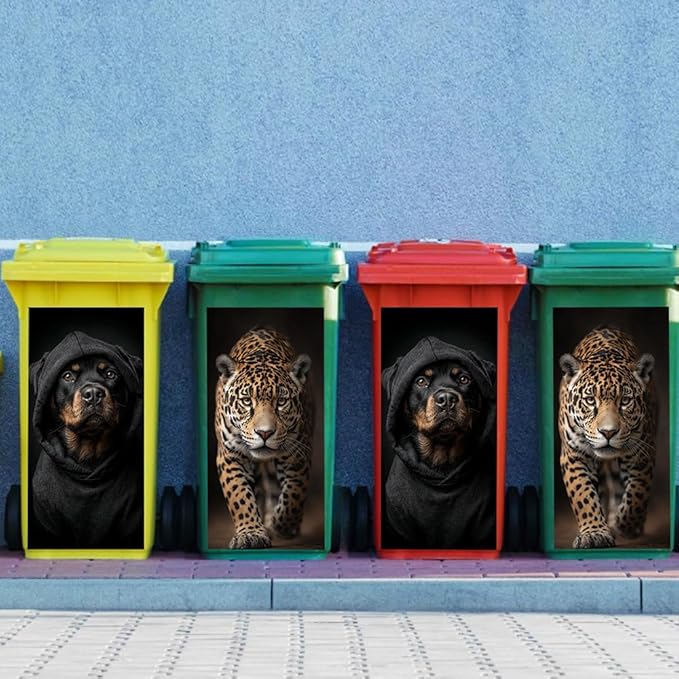 2PC Trash Can Sticker 14.57 x 32.28 Inch Fierce Dog and Wild Leopard Design Animal Theme Decorative Garbage Bin Cover Outdoor Trash Can Decal for Yard Home Garden Street Decoration