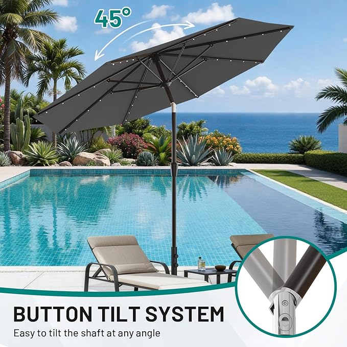 AreShark 9FT Patio Umbrella with Solar Lights, 32 LED Lighted Pool Umbrella w/Tilt and Crank, Outdoor Market Solar Umbrellas for Garden, Deck, Backyard, Pool and Beach, Gray
