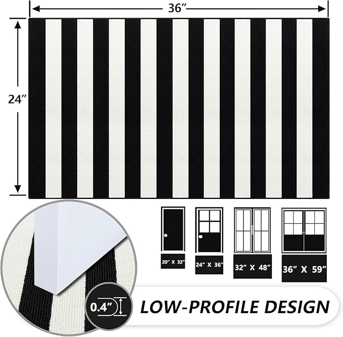 Timo Black and White Outdoor Rug,24"x36" Front Porch Rug Absorbent Rubber Backed Non Slip Striped Rug Machine Washable Indoor/Outdoor Area Rug Front Door Floor Mat for Farmhouse/Living Room/Entryway