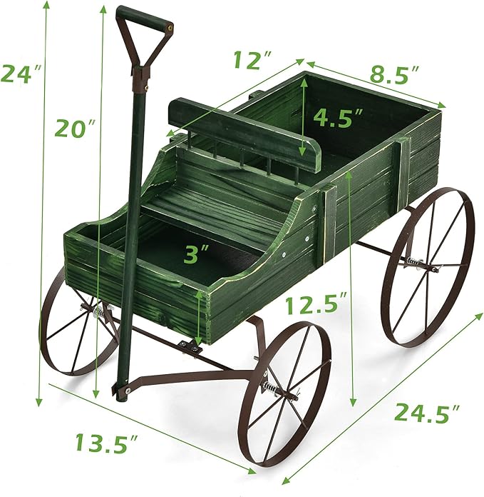 Wooden Wagon Planter, Decorative Garden Wheelbarrow Planter with 2 Planting Sections, Rolling Wheels, Adjustable Handle, Small Wagon Cart Planter Stand for Flowers Vegetables Herbs (Green)