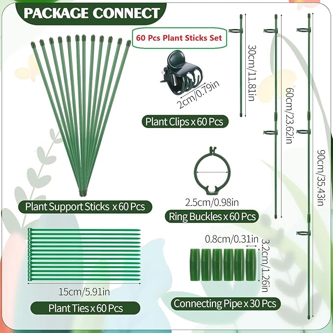 30 Pcs Adjustable Plant Sticks, 12 in Plant Support Sticks Plant Support Stakes with Orchid Clips Garden Ties Plant Support Cage for Potted Plants Indoor Orchid Flower Tomato, Green
