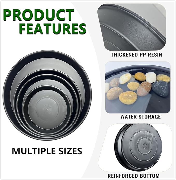 6 Pack 12-Inch Black Plant Saucer Trays, Thick PP Plastic Planter Bases for Large Pots, Strong Flower Pot Water Catcher Plates & Heavy Duty Drip Trays for Patio and Indoor Use