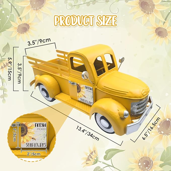 Easter Decorations 13.4 Inch Farmhouse Vintage Truck with 20 Magnets Interchangeable Seasonal Decor Rustic Metal Pickup Spring Holiday Easter Centerpieces for Tables Home Garden, Yellow