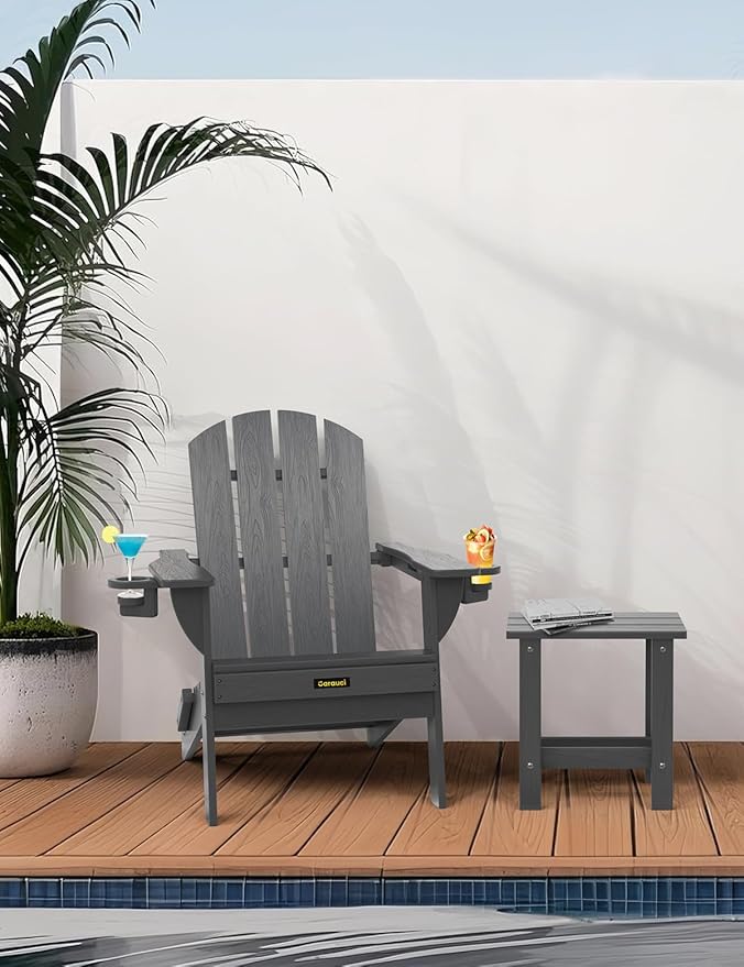Folding Adirondack Chair Set of 2, Wooden Textured Plastic Adirondack Chairs with 2 Cup Holder, Weather Resistant HDPE Fire Pit Chair, Outdoor Patio Chairs for Garden, Backyard, Lawn, Deck, Grey