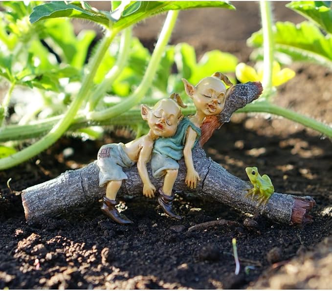 Top Collection Miniature Fairy & Terrarium Twin Garden Pixies Napping on Tree Log Statue, Small