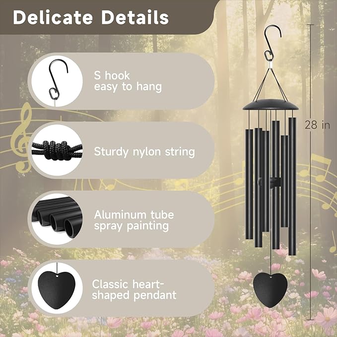 28" Wind Chimes for Outside, Metal Outdoor Wind Chimes with Soothing Melodic Tones, Wind Chime Unique Gift for Mom, Grandma, Perfect Outdoor Garden Decor(Heart-Shape)