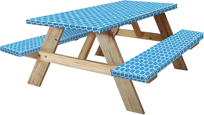 KENOBEE 8ft Picnic Table and Bench Cover, Camping Essentials RV Gear, 96 in Waterproof Windproof Outdoor Elastic All Around Tablecloth, Fitted Rectangle Tables and Seats, Blue-White Moroccan