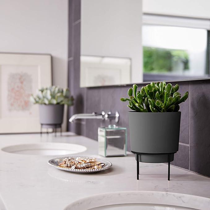 Bloem Hopson Decorative Resin Cachepot with Metal Stand, 6" Indoor and Outdoor Planter with Black Metal Stand, Charcoal