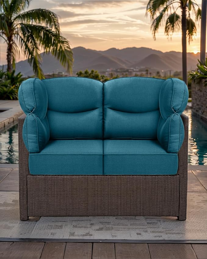 Luxury 24x24x6 Outdoor Corner Cushion 1 Set - Water-Repellent 3-Piece Cushion Set with Zipper for Outside Wicker Sofa Loveseat Chair Sectional Patio Conversation Sets - Peacock Blue/Smile