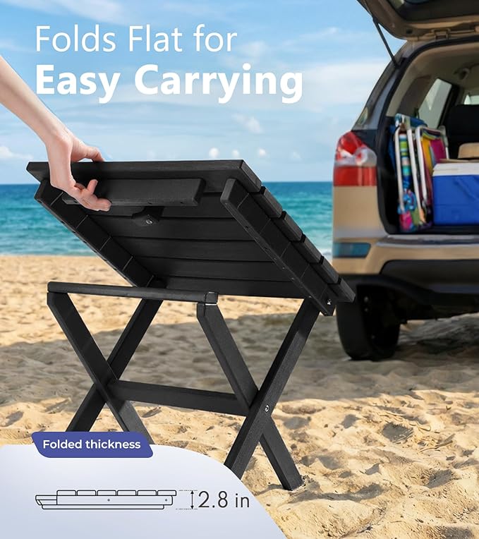 PASAMIC Folding Outdoor Side Table, HDPE Adirondack Patio End Table, Portable, No Assembly, Weather-Resistant for Camping, RV, Poolside, Garden, Indoor & Outdoor Use (Black)