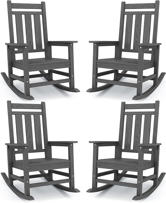 KINGYES Oversized Outdoor Rocking Chair Set of 4, All-Weather Patio Rocking Chairs for Porch, HDPE Outdoor Patio Rockers with High Back & Wide Seat for Garden, Lawn, Gray