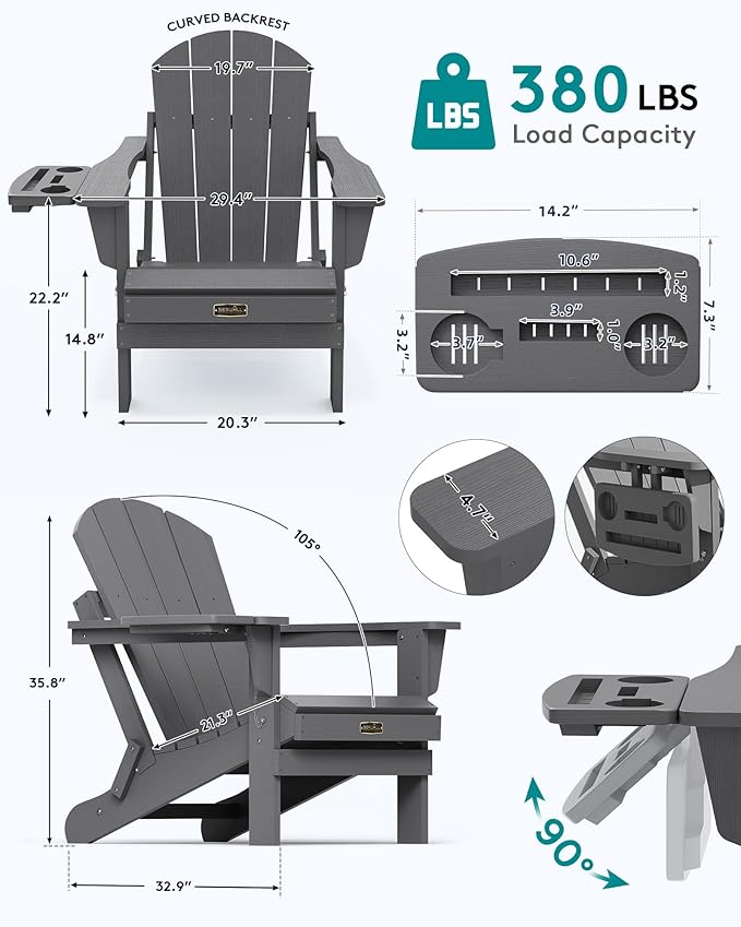 SERWALL Folding Adirondack Chair, Patio Adirondack Chairs with 4 in 1 Cup Holder, Weather Resistant Plastic Fire Pit Chair for Outdoor, Garden, Backyard, Deck - Blue