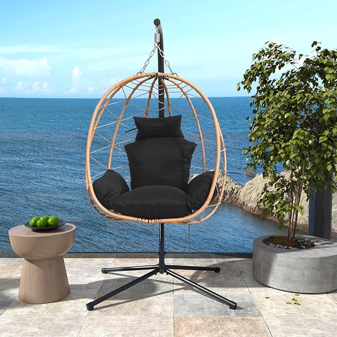 Hanging Egg Chair with Stand Indoor Swinging Chair Outdoor Hammock Egg Chair for Patio, Bedroom, Garden and Balcony (Black, Small)