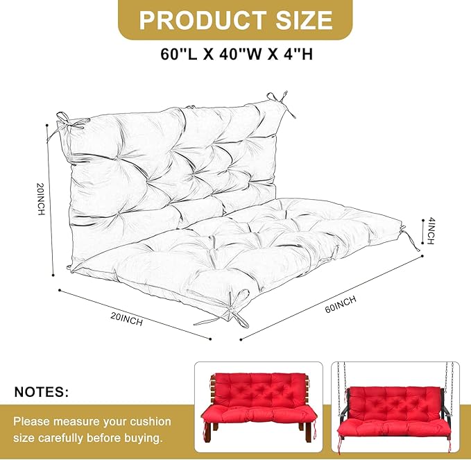 60" Porch Swing Cushion with Backrest, Waterproof Outdoor Bench Swing Cushions 3 Seater Replacement Thickened Swing Cushions with Ties for Patio Garden Backyard,Red,60x40in