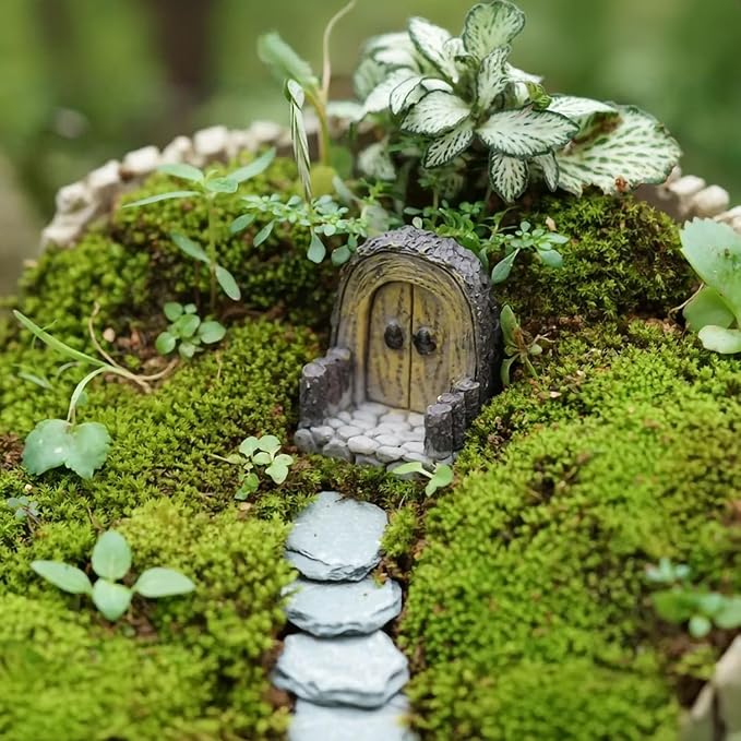 Fairy Door.Miniatue Fairy Tiny Circular Arch Door Figurines.Fairy Garden Supplies.Terrarium/Aquarium Accessories.DIY Miniature Garden.A Door and 3Pcs Steppings. (Fence Hobbit Door)