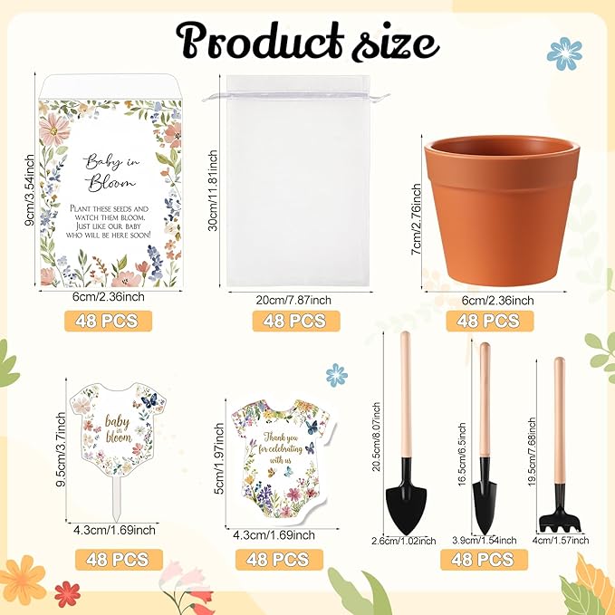 Amyhill 48 Sets Baby in Bloom Baby Shower Favors - Mini Succulent Pots, Seed Packets, Gardening Tools, Organza Bags for Guests Gender Reveal Birthday Party Gifts(Terracotta)