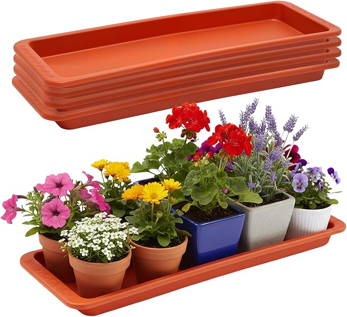 4 Pack Terracotta 24 x 8 x 1.6 Inch Rectangle Plant Saucer Large Plastic Plant Tray Water Drip Trays for Windowsill Flower Pot Planter Drainage Germination Garden Indoor Outdoor Use
