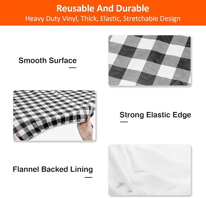 KENOBEE 8.5ft Picnic Table and Bench Cover, Camping Essentials RV Gear, 102 in Waterproof Windproof Outdoor Elastic All Around Tablecloth, Fitted Rectangle Tables and Seats, Black-White Checkered